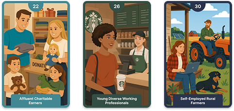 us clustr - Affluent charitable earners, young diverse working professionals, and self-employed rural farmers